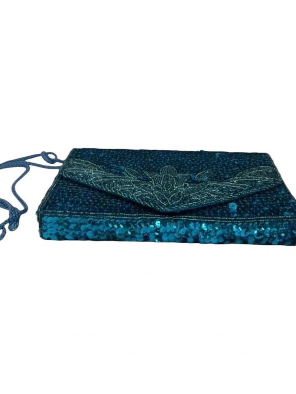 Vintage Teal Blue Sequin Beaded Envelope Clutch Crossbody Bag Floral Beadwork